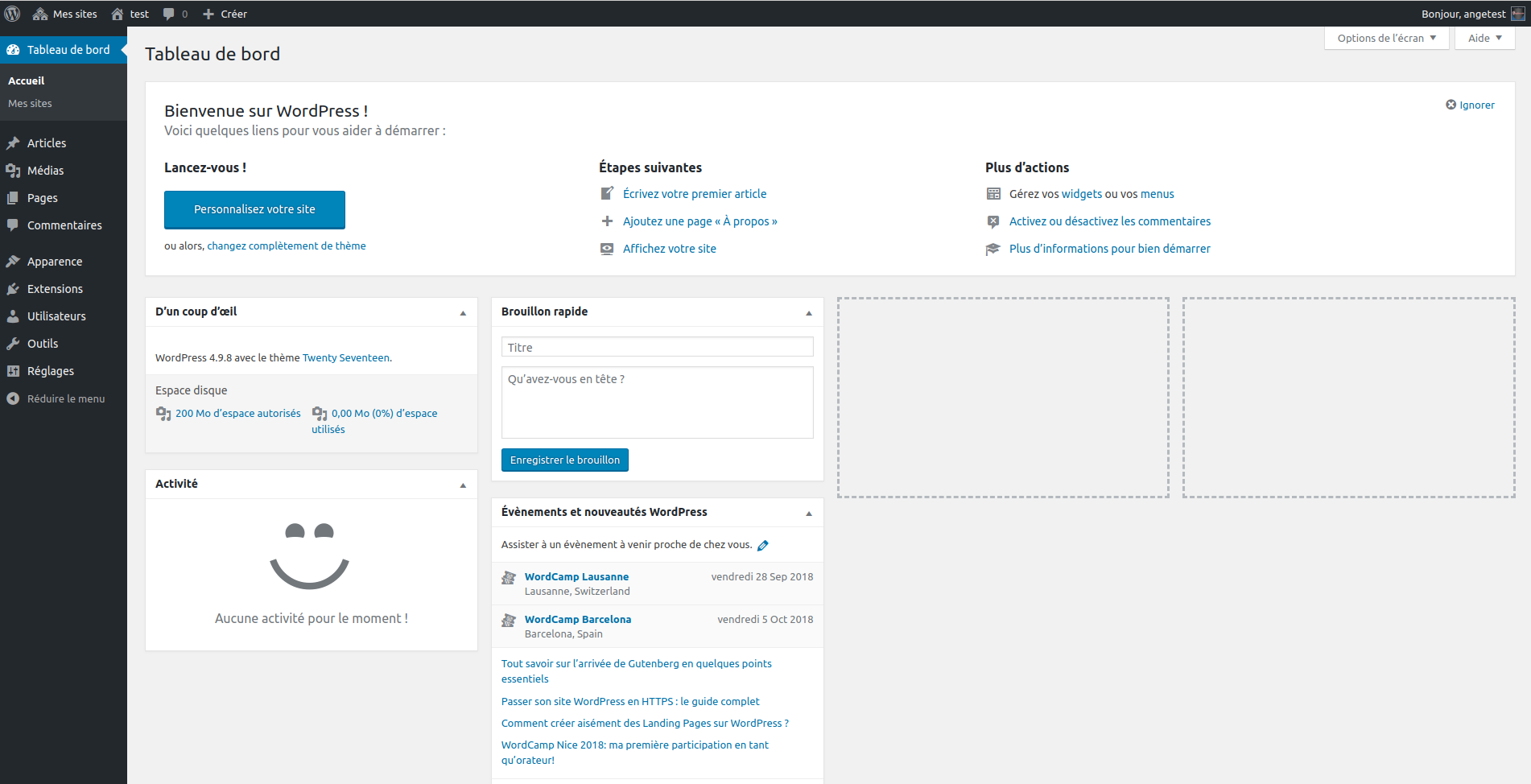 Dashboard d&rsquo;administration Wordpress